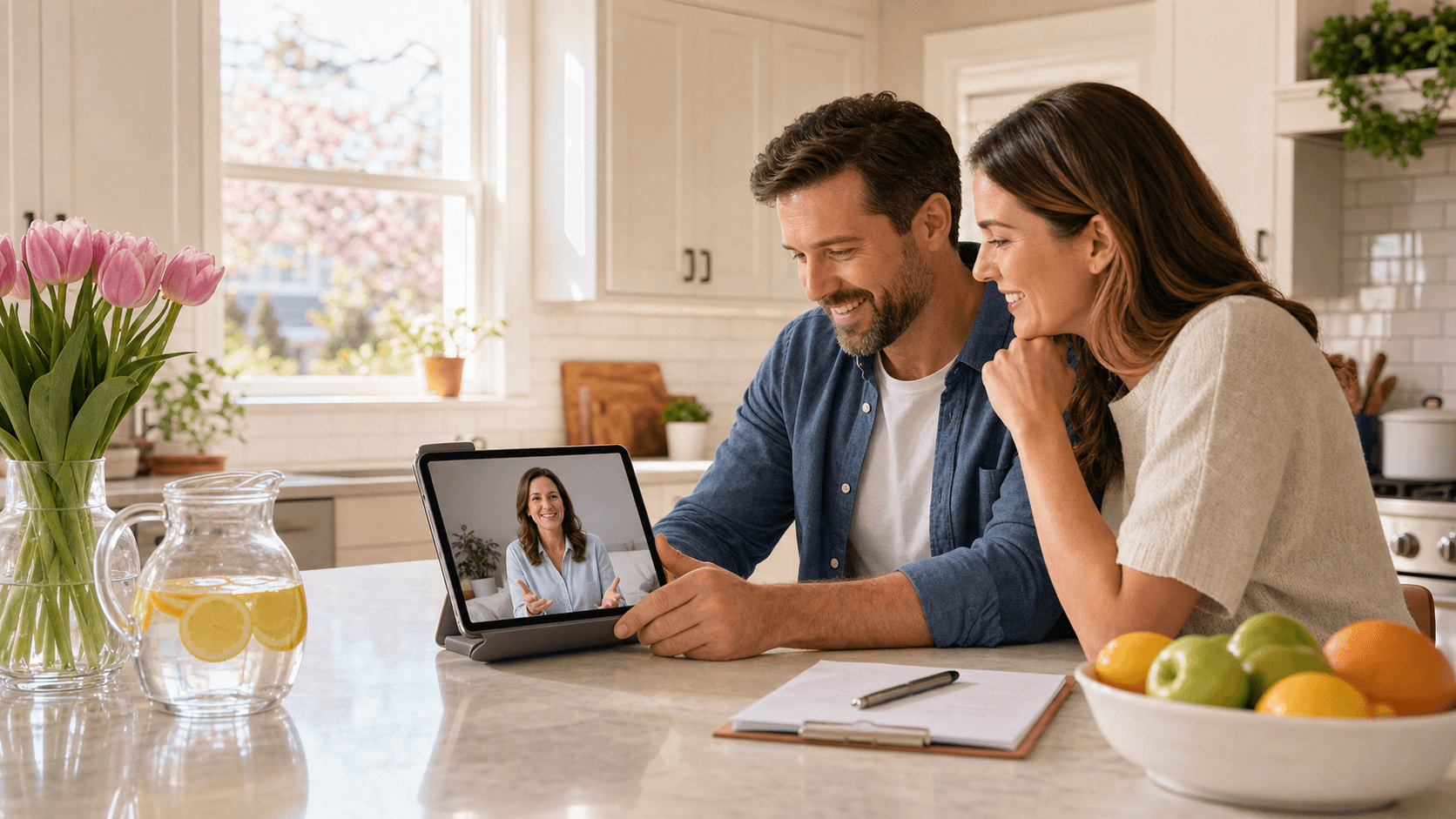Soft pastel spring landscape with a family silhouette on a porch, sunlight, and a calendar with marked dates